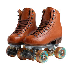 Pair of brown leather roller skates with colorful wheels