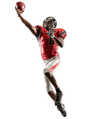 Football player in red uniform throwing a football isolated on transparent background
