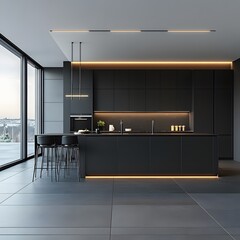 Modern Black Kitchen Interior Design with Island and City View