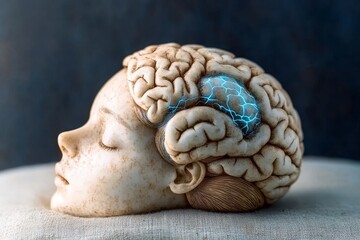 Serene Sleeping Figure with Neural Spark, Capturing Restful Brain Waves in a Tranquil Landscape