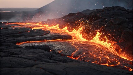 Fototapeta premium Molten lava flows create dynamic surface texture at an active volcano during sunset