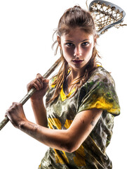 Young woman lacrosse player holding stick isolated on transparent background