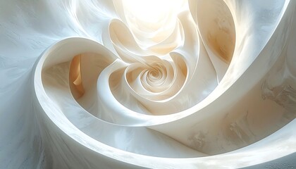 A spiraling, abstract composition with flowing, pearlescent forms and a warm, central light source. Creates a sense of depth and movement