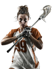 Lacrosse player with stick and gloves isolated on transparent background