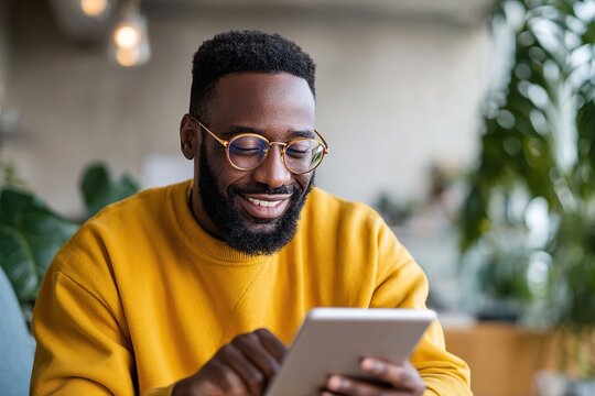 Young man with glasses using tablet in modern indoor cafe environment