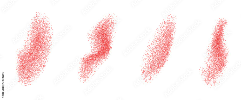 Poster spice red chili pepper powder splashes set. dots paprika dust dynamic forms. grunge dotwork gradient