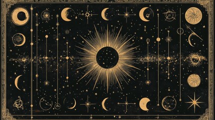Linear drawing of cosmic axis, vertical alignment of Sun face and inverted Moon face, intersecting horizontal band of twelve zodiac icons, accented by small star motifs