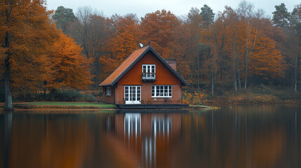 Fototapeta premium Red brick house with white windows by calm lake surrounded by autumn forest with orange leaves and pine trees reflecting in water on cloudy day