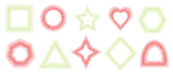 Chili pepper and wasabi noise gradation geometric shapes set. Grainy textured red and green y2k frame elements. Triangle, rhombus and round dotwork text boxes. Vector stickers forms.