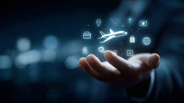 Businessman presenting digital travel icons with holographic airplane, symbolizing corporate travel, planning, and global business connectivity