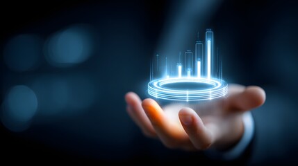 Open hand displaying holographic bar chart with digital metrics, symbolizing financial growth, business analytics, and futuristic data visualization
