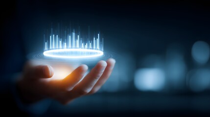 Business hand projecting futuristic circular bar graph, symbolizing big data analytics, digital business intelligence, and real-time performance tracking
