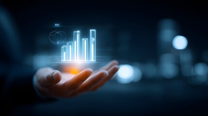 Business hand supporting digital bar chart with data labels and pie chart icon, symbolizing financial analysis, strategic reporting, and business performance tracking