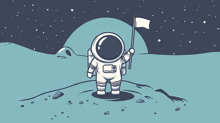 Minimalist cartoon astronaut wearing a round helmet and suit, flag waving gently beside a stylized moonhill shape