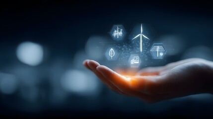 Digital hologram of clean energy icons floating above a human hand, featuring wind turbine, solar panel, biofuel and sustainability symbols in a futuristic ecological interface