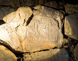 Ancient petroglyph rock carving illuminated at night