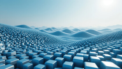 Naklejka premium Abstract blue cubes forming a wavy landscape under a bright sky