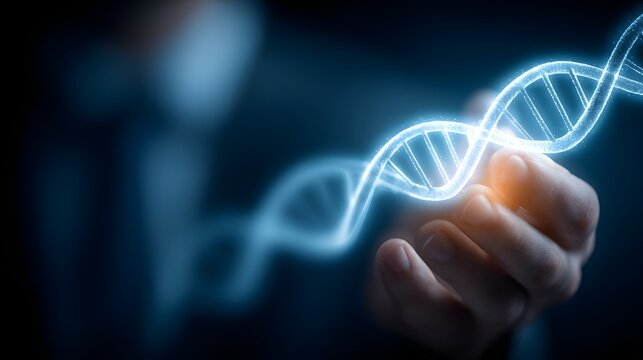 Close-up of human hand interacting with a glowing holographic DNA strand, symbolizing genetic engineering, biotechnology, molecular science and futuristic healthcare innovation