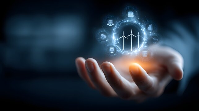 Digital hologram of wind turbines and renewable energy icons hovering above a human hand, representing sustainable technology, green innovation and clean energy solutions
