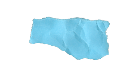 Blue crumpled paper piece with uneven torn sides, isolated ripped sheet for creative backgrounds, collage, and design elements.
