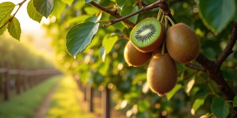 Ripe kiwifruit growing on a branch in a sunlit orchard