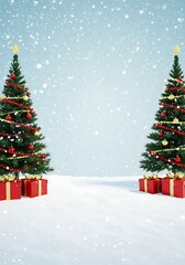 Fototapeta premium Decorated evergreen trees with red gifts in snow Christmas trees