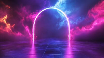Close-focus on one glowing arch segment hovering above a translucent floor, swirling ultraviolet clouds and light streaks dancing around
