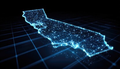 California map illuminated with network connections against a dark blue grid for data visualization