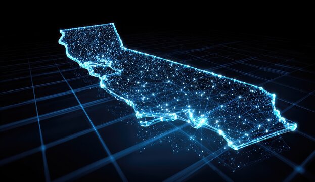 California map illuminated with network connections against a dark blue grid for data visualization