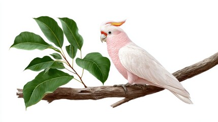 Pink Parrot Perched on a Branch: A charming, vibrantly colored pink parrot perches gracefully on a branch, its keen eyes and striking plumage capturing the essence of the avian beauty.
