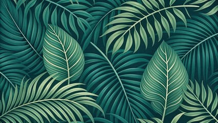 Layered palm leaves create a rich pattern symbolizing tropical ambiance in green hues and textures