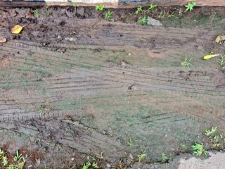 Dirt road beside street with visible vehicle tire tracks