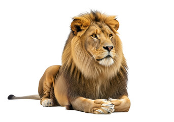 Obraz premium Majestic lion in profile view, showcasing its rich golden mane and alert expression against a stark black backdrop.