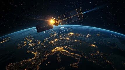 High-resolution render of a sleek communications satellite with extended solar panels, orbiting above Europe, data beams arcing across continent outlines illuminated by city lights