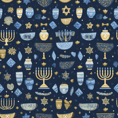 Hanukkah Celebration Pattern with Dreidels and Stars