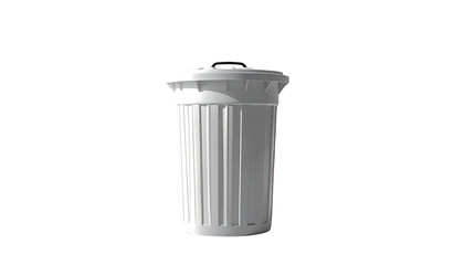 A cylindrical white plastic trash receptacle with a slightly flared rim and vertical ribs, isolated on a black background