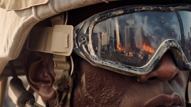A soldier wearing scratched tactical goggles covered in dust. The reflection in his goggles shows a burning city with collapsing skyscrapers, raging fire, and black smoke filling the sky. 