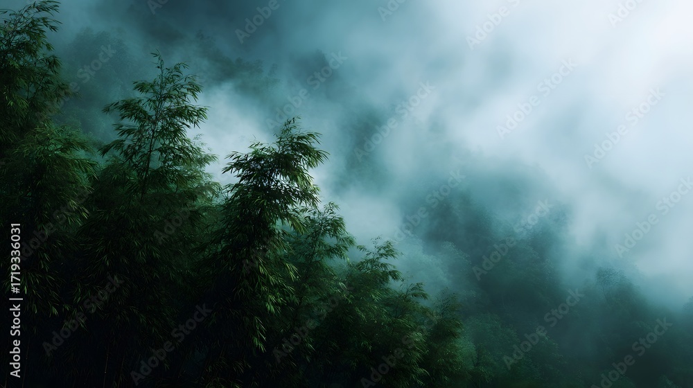 Poster a dense bamboo forest shrouded in mist on a mountain slope with soft ambient light creating a serene