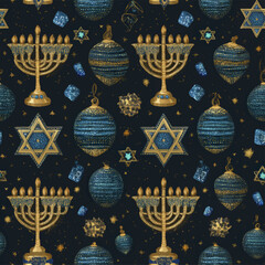 Blue Gold Star of David Seamless Pattern Design
