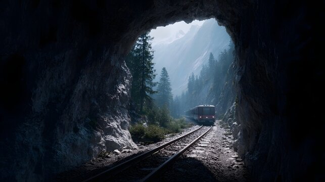 A train emerges from a dark mountain tunnel into a sunlit mist filled alpine valley with snow capped peaks