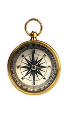 Antique-style brass compass with cream face, black needle, and cardinal directions marked; features a small loop at top for hanging