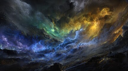 Celestial Spectacle: Witness a breathtaking cosmic display of vibrant colors swirling across the expansive canvas of the sky. This image evokes a sense of awe, wonder.