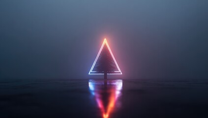 Neon triangle Christmas tree in a foggy scene