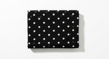 A folded rectangular piece of black fabric with evenly spaced white polka dots rests on a plain white surface casting a soft shadow