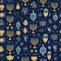Dreidel and Menorah Blue Gold Holiday Illustration