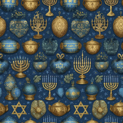 Blue Gold Hanukkah Holiday Seamless Art