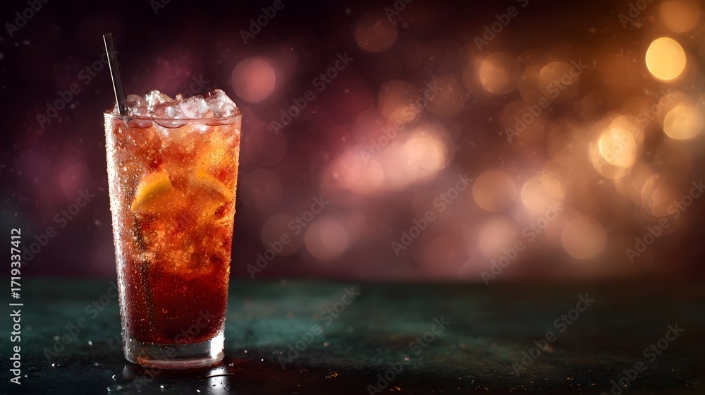 Poster a tall glass filled with ice and a sparkling red beverage garnished with citrus slices set against a