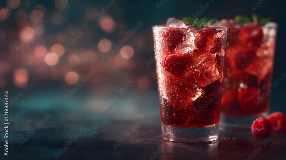 Poster two refreshing raspberry cocktails filled with ice and mint set against a dark moody background with
