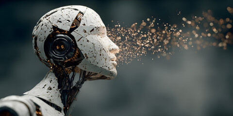 Artificial intelligence, a humanoid cyber human with a neural network thinks. AI concept of big data or cyber security. Chat GPT concept. AI with a digital brain processes big data. Generative AI