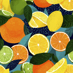 Citrus Fruit Seamless Pattern with Lemons and Oranges